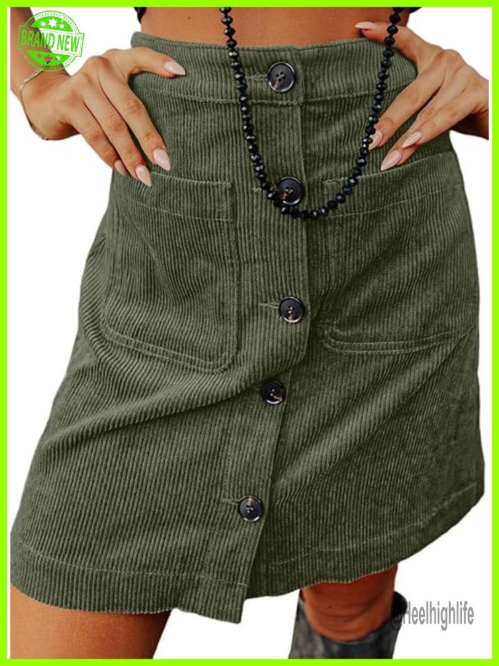 Corduroy Mini Skirt High Waisted Button Down A-Line with Pockets